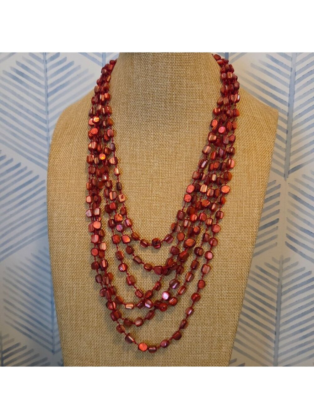 Vintage Red Dyed Mother of Pearl Shell Necklace Multi Layer Waterfall